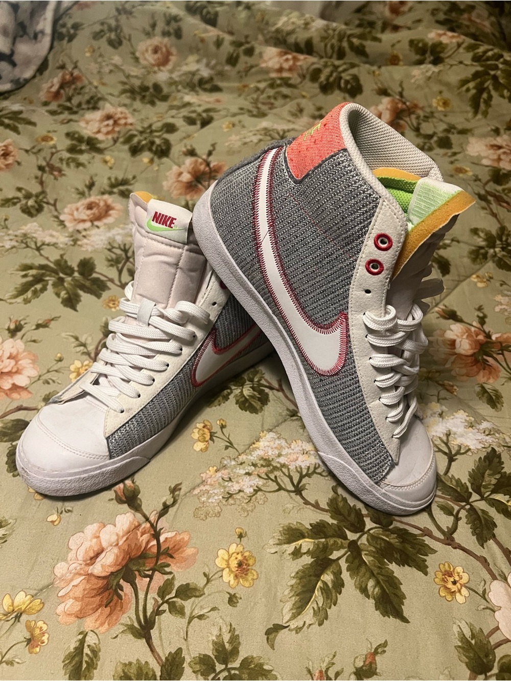 Nike Gray & White High-Top Sneakers with Pink and Neon Green Accents